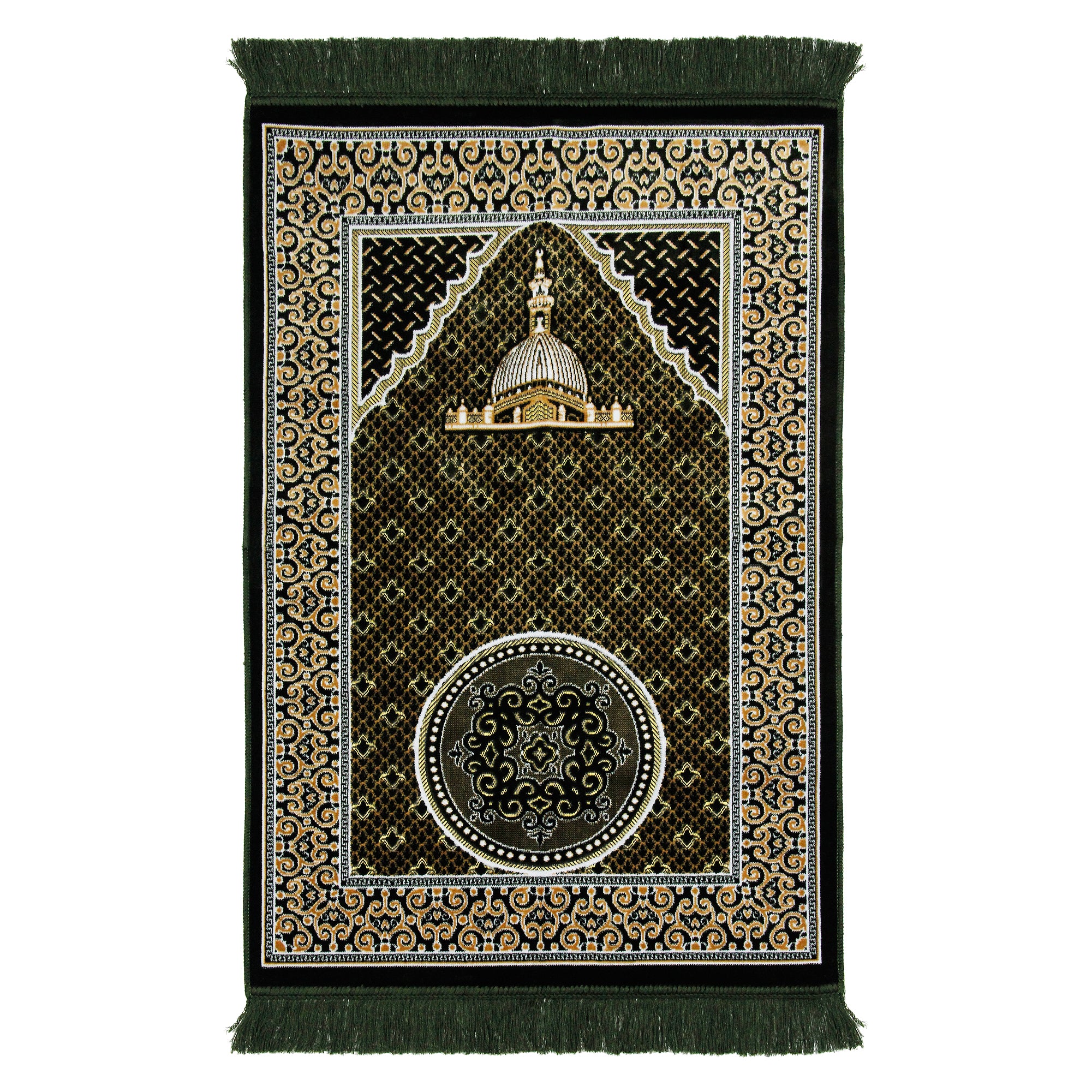 Turkish Design Green Suede Prayer Rug with Nabawi Image and Orante Tan ...