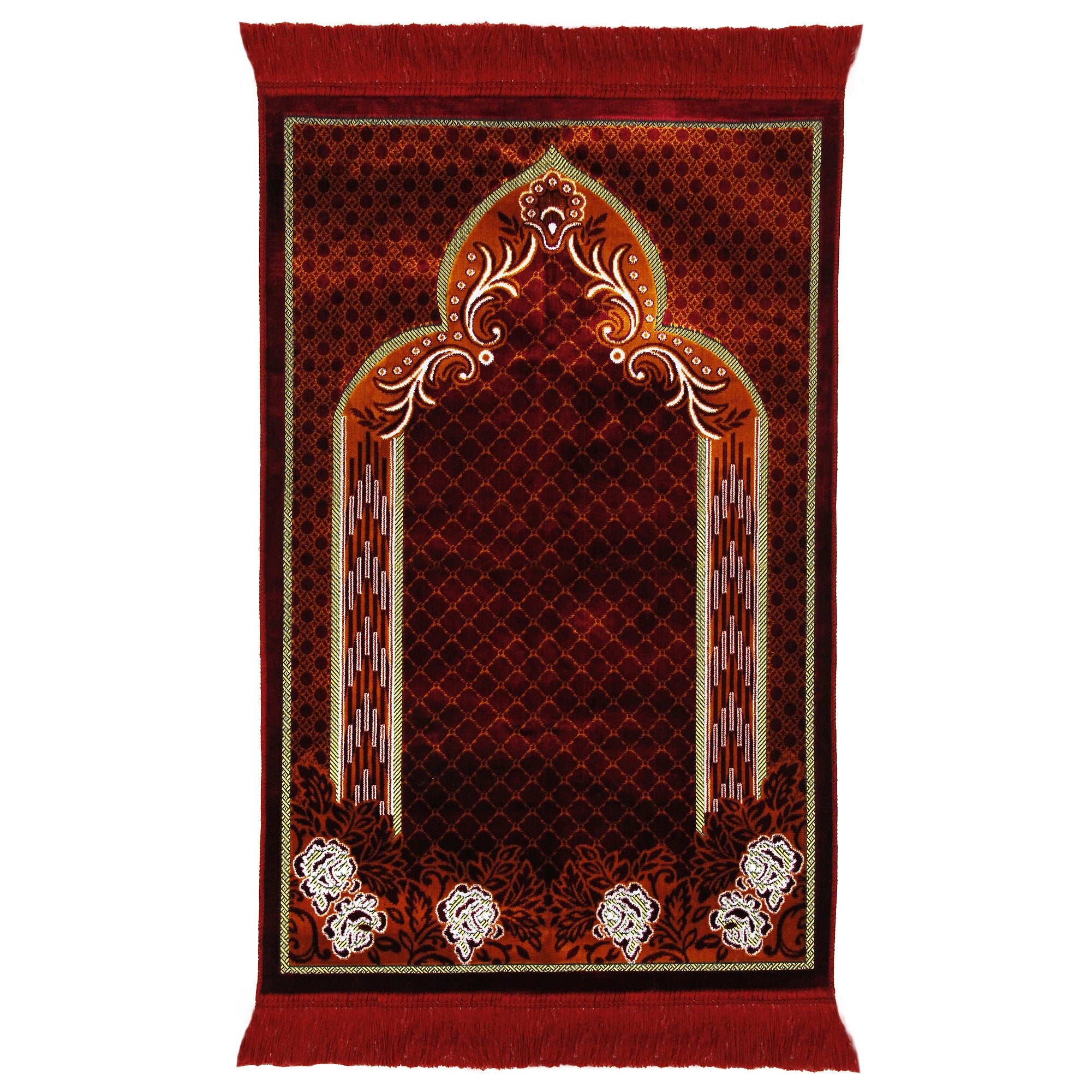 Red and Orange Suede Authentic Turkish Prayer Rug with Mesh Archway Red Tassles - Hijaz