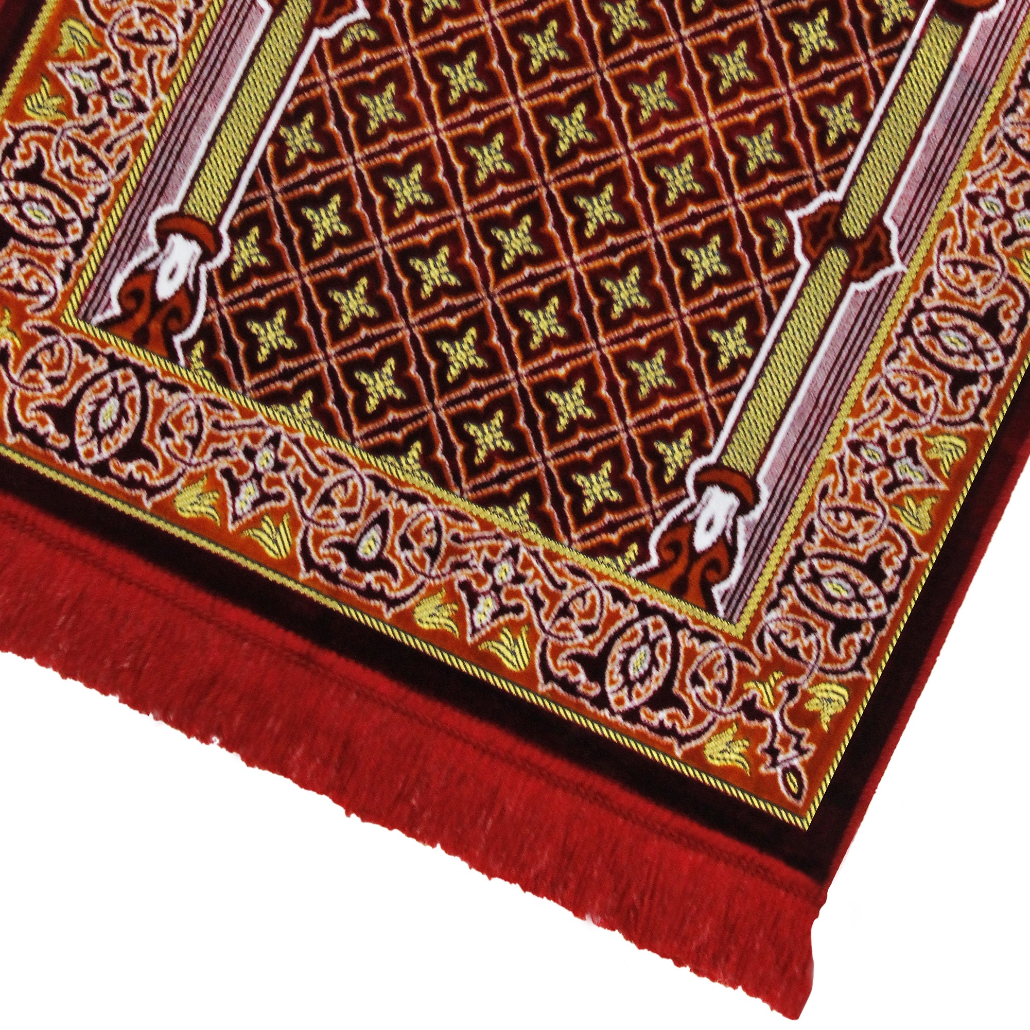 Red and Orange Suede Prayer Rug with Pillar and Nabawi Image Red Tassles - Hijaz