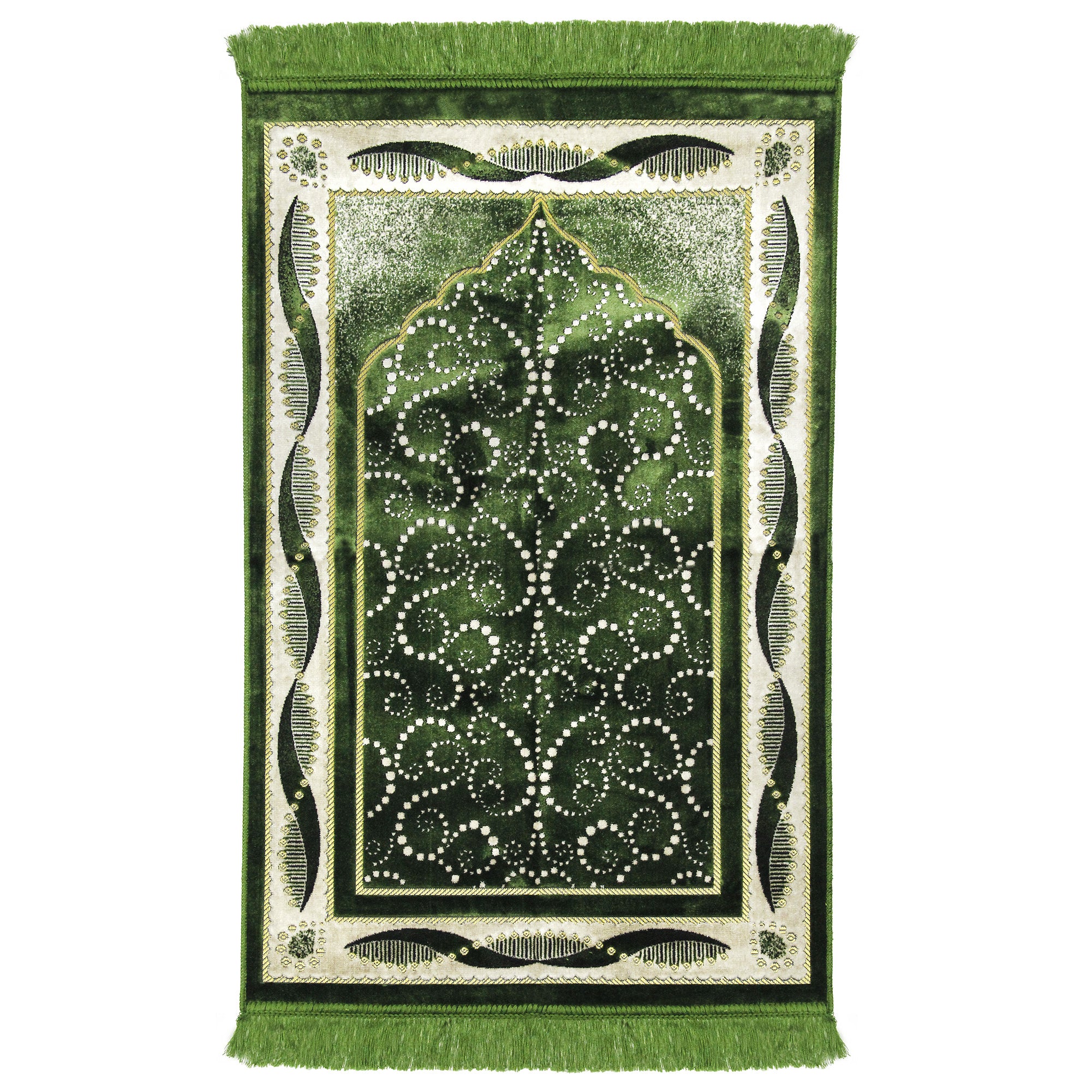 Green Turkish Design Archway Prayer Rug with Double Helix Borders Green Tassles - Hijaz