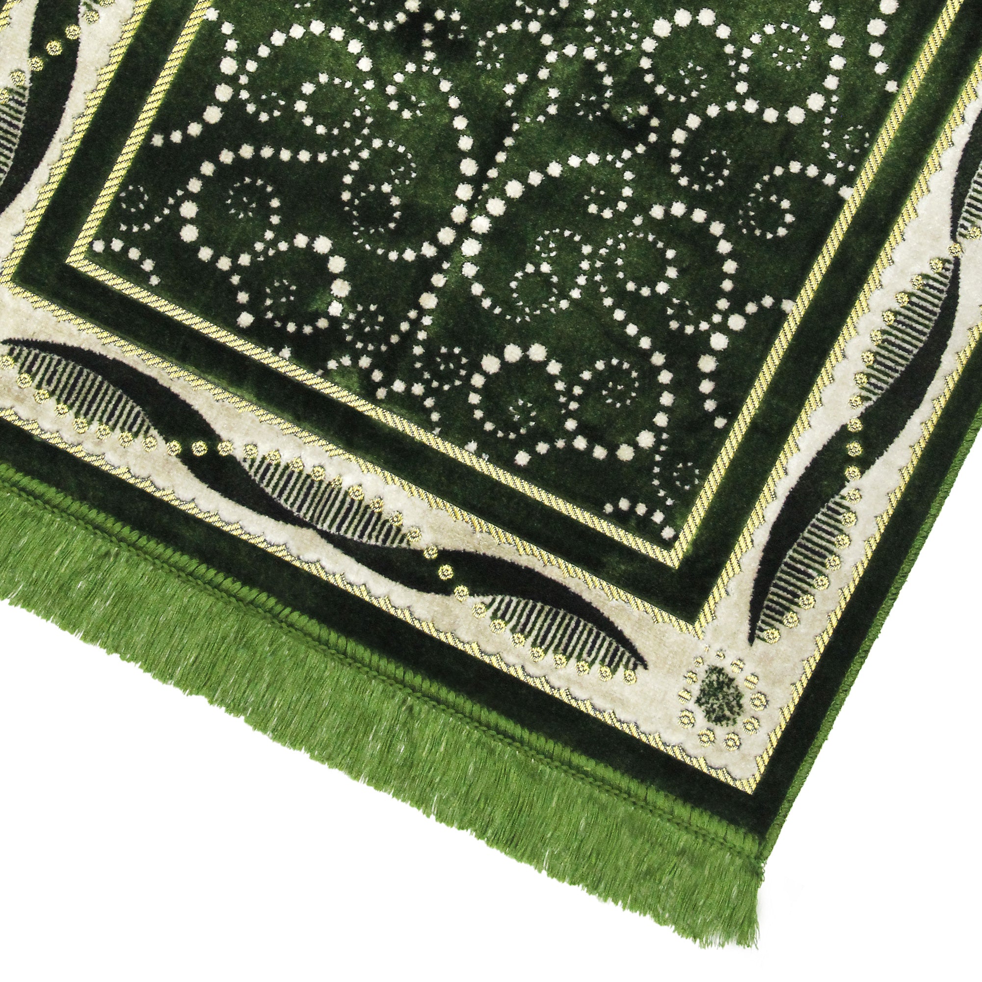 Green Turkish Design Archway Prayer Rug with Double Helix Borders Green Tassles - Hijaz