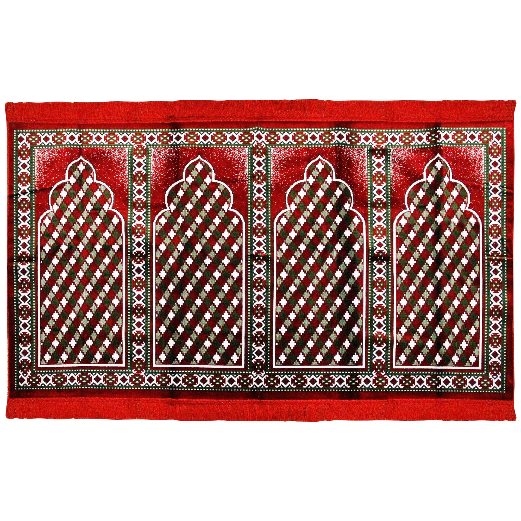 Four Person Red White and Green Diamond Design Family Sized Prayer Rug - Hijaz