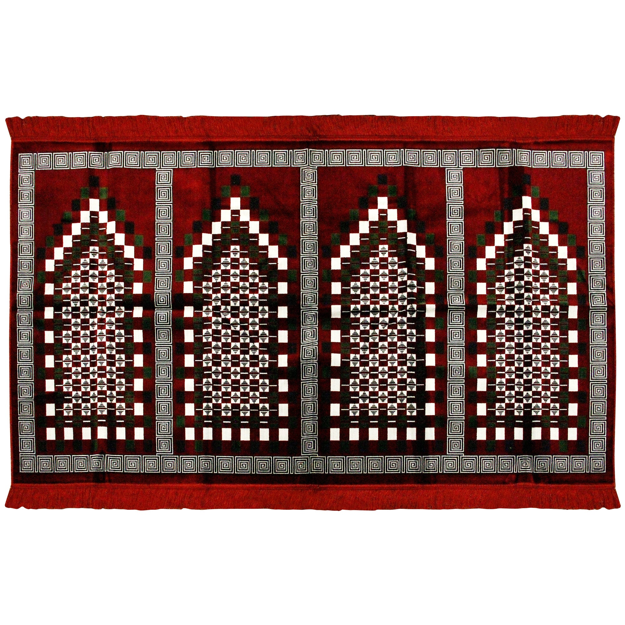 Four Person Red Greek Key and Square Design Family Size Turkish Prayer Rug - Hijaz