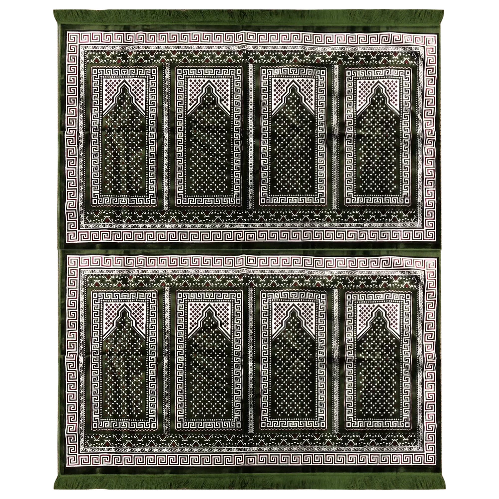 Eight Person Green Double Greek Key Design Prayer Rug with Green Tassles - Hijaz