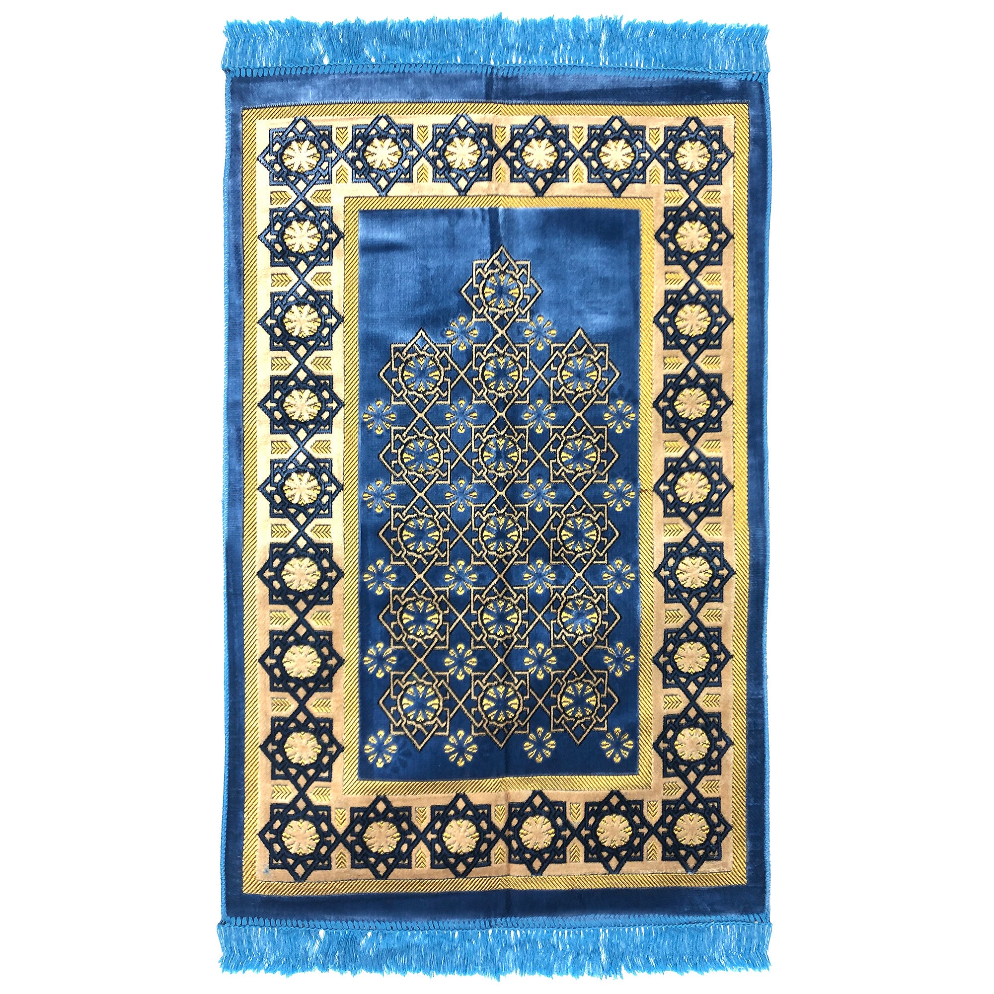 Gold Star Border Authentic Lightweight Turkish Prayer Rug with Tassles - Hijaz