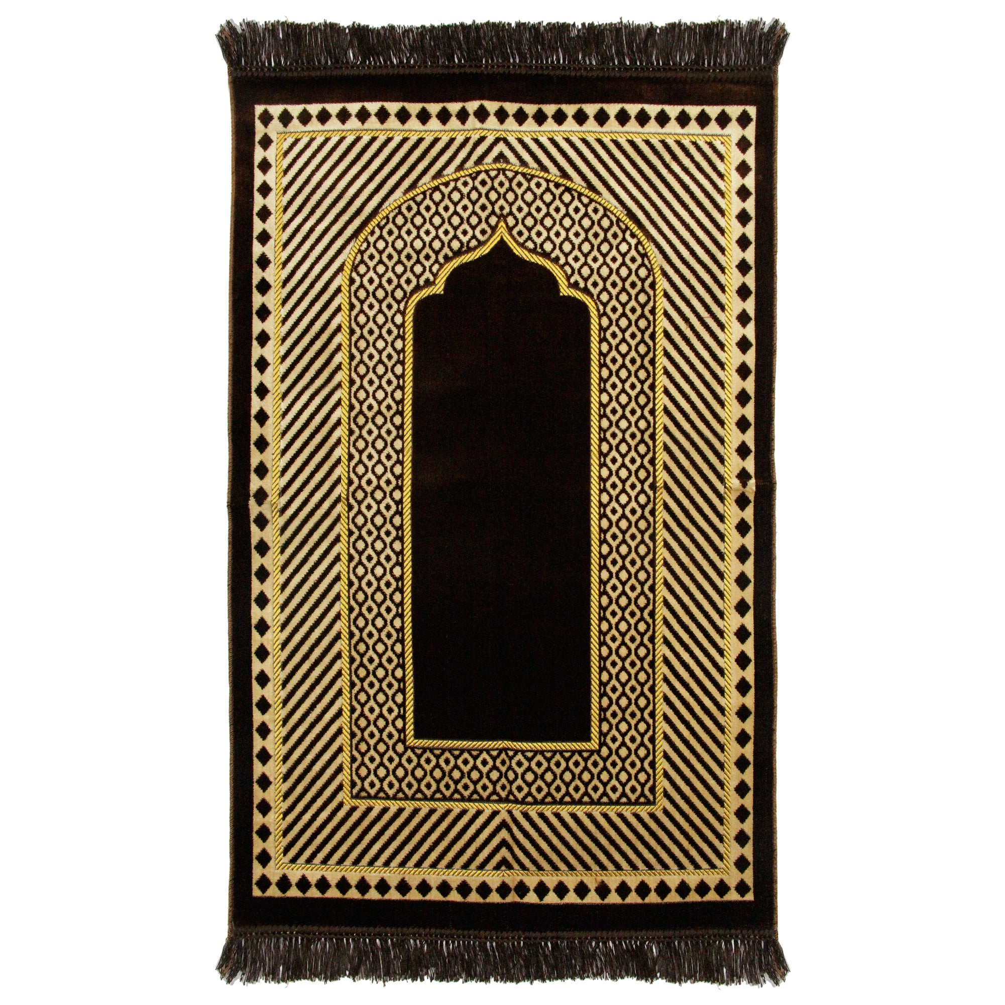 Gold Candy Stripe Border Authentic Turkish Prayer Rug with Tassles - Hijaz