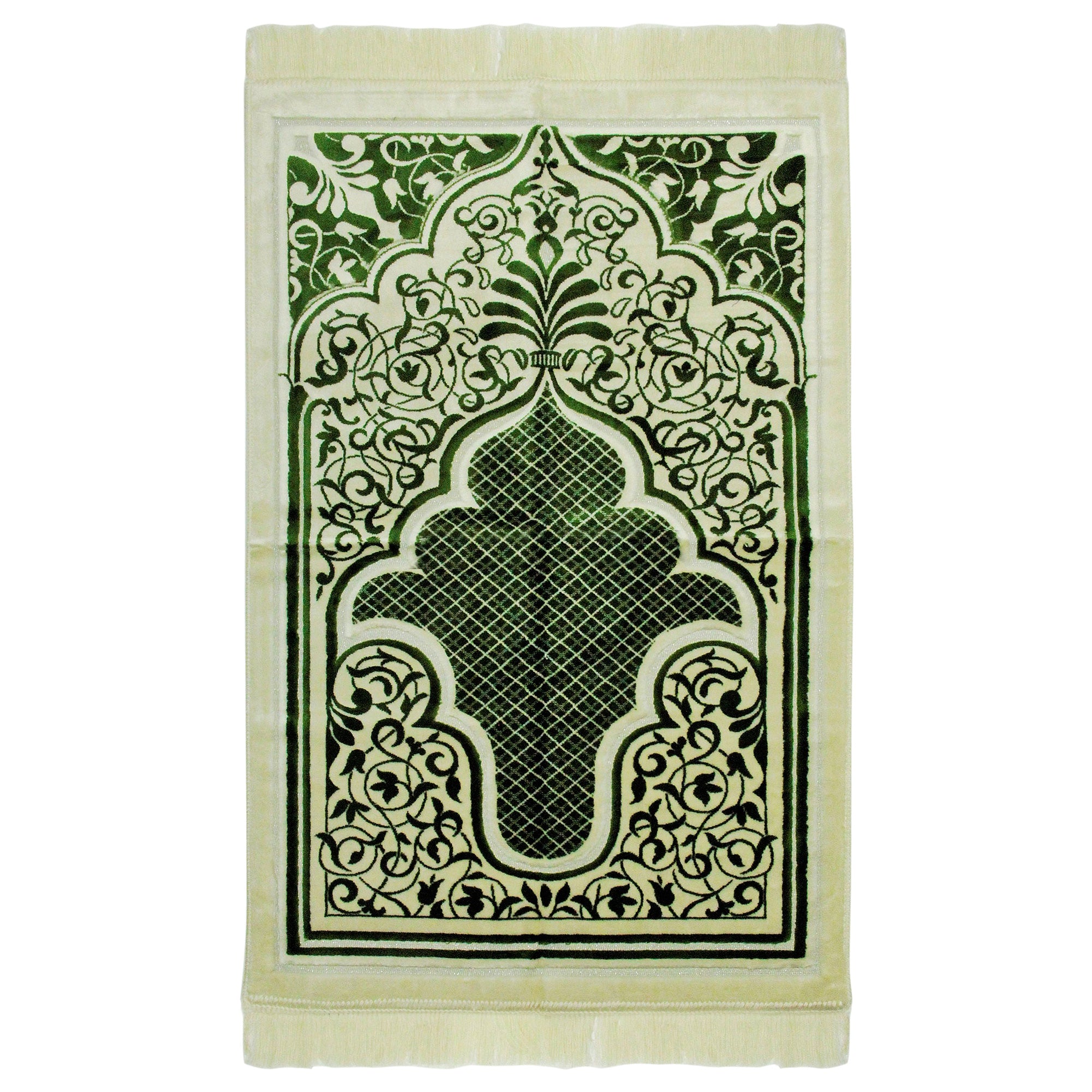 White and Green Premium Soft Extra Wide Turkish Prayer Rug Sajada Silver Trim - Hijaz