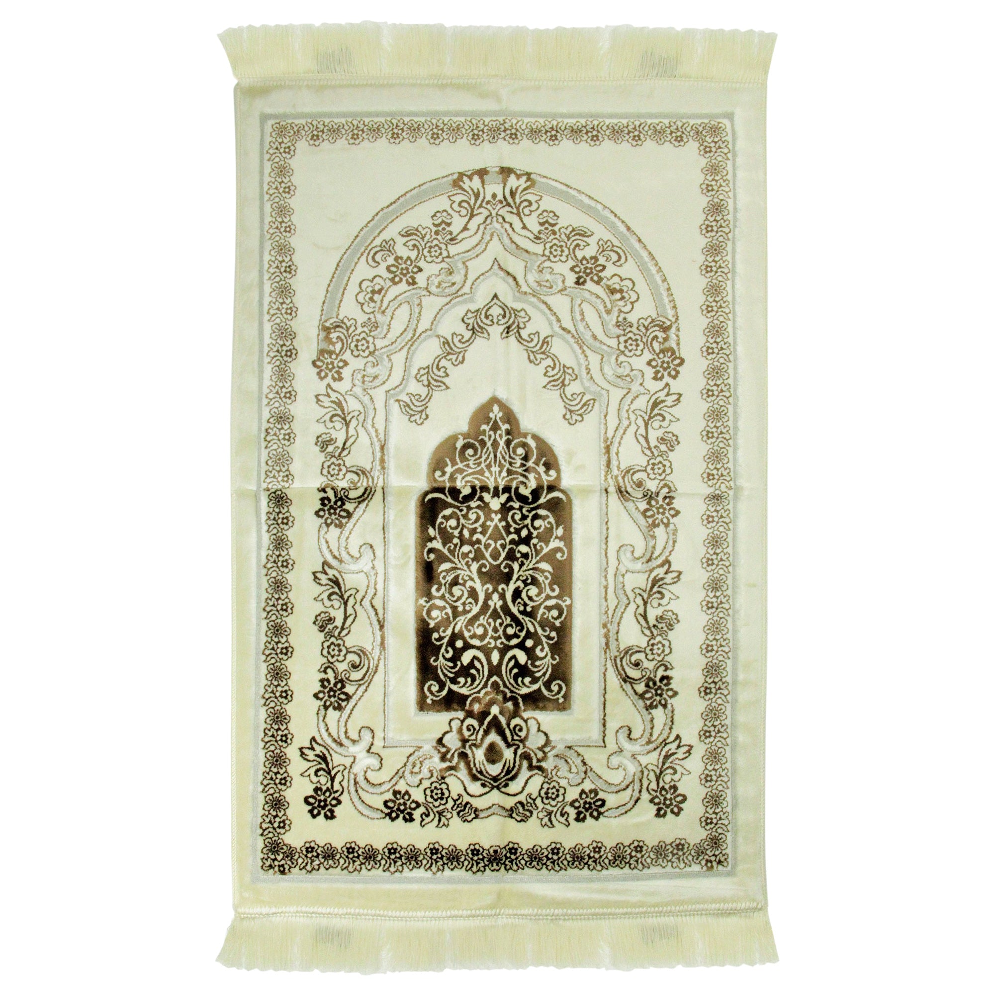 Brown Floral Archway Border Soft Wide Authentic Turkish Prayer Rug Sajada - Hijaz