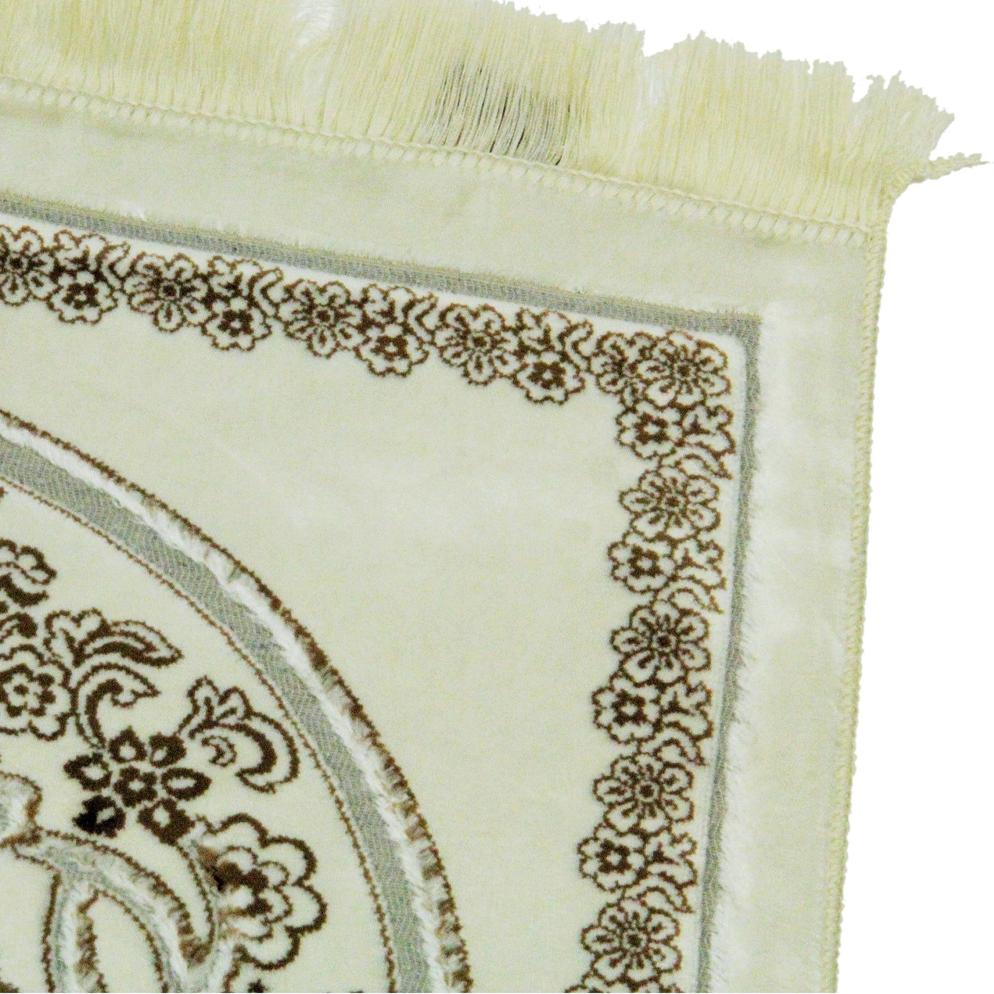 White and Brown Premium Soft Extra Wide Turkish Prayer Rug Sajada Silver Trim - Hijaz