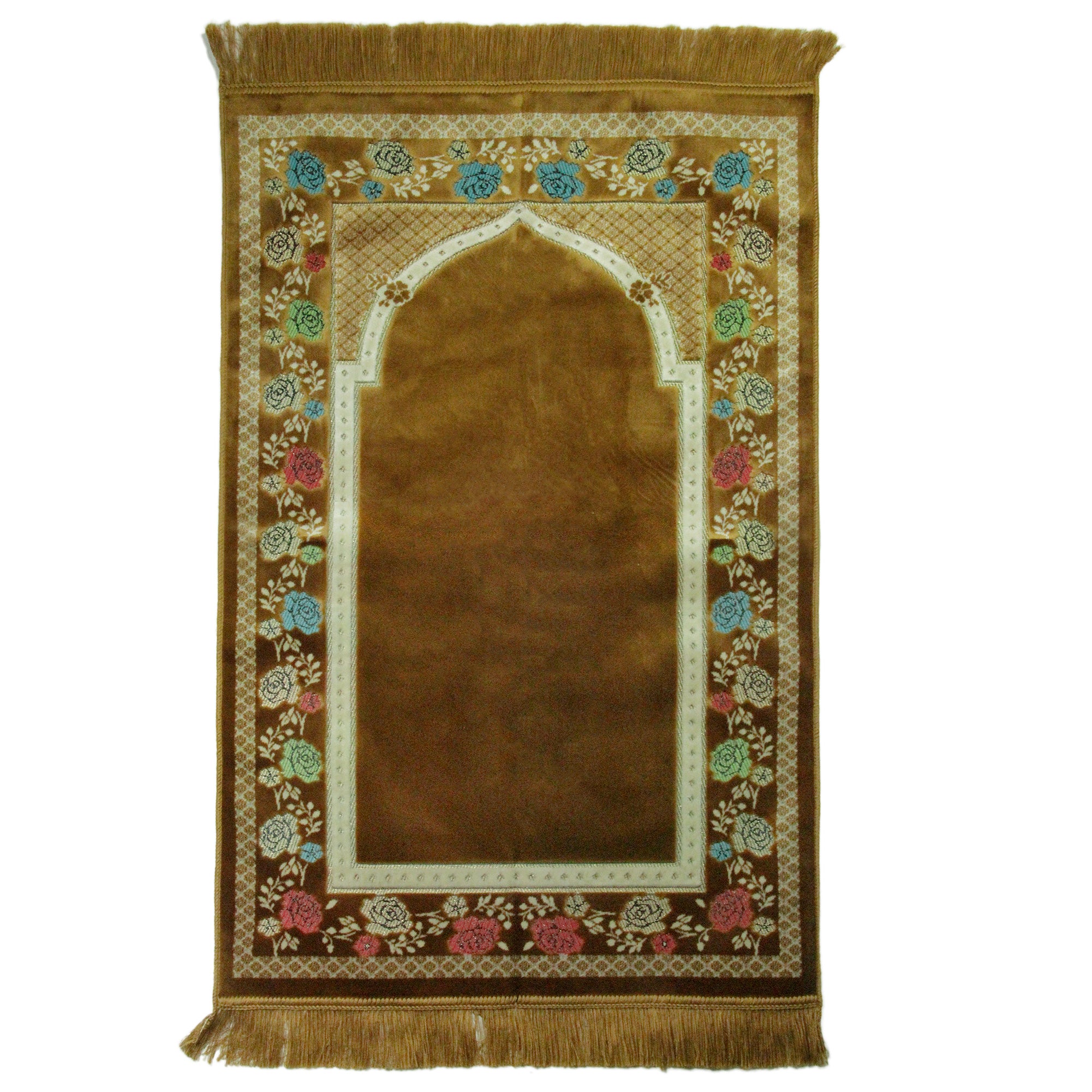 Light Brown Turkish Multicolor Border Prayer Rug Sajada Mat with Tassles - Hijaz