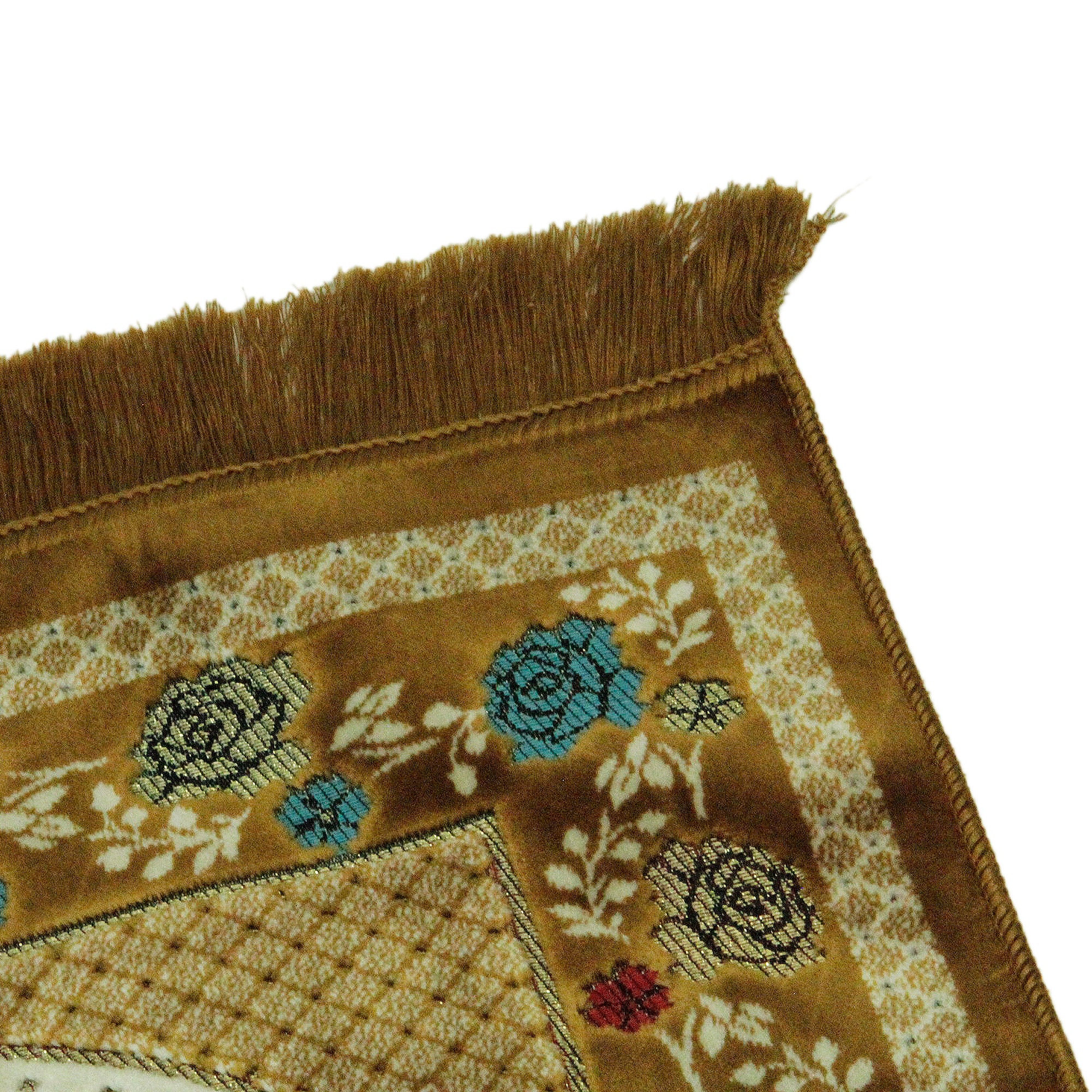 Light Brown Turkish Multicolor Border Prayer Rug Sajada Mat with Tassles - Hijaz