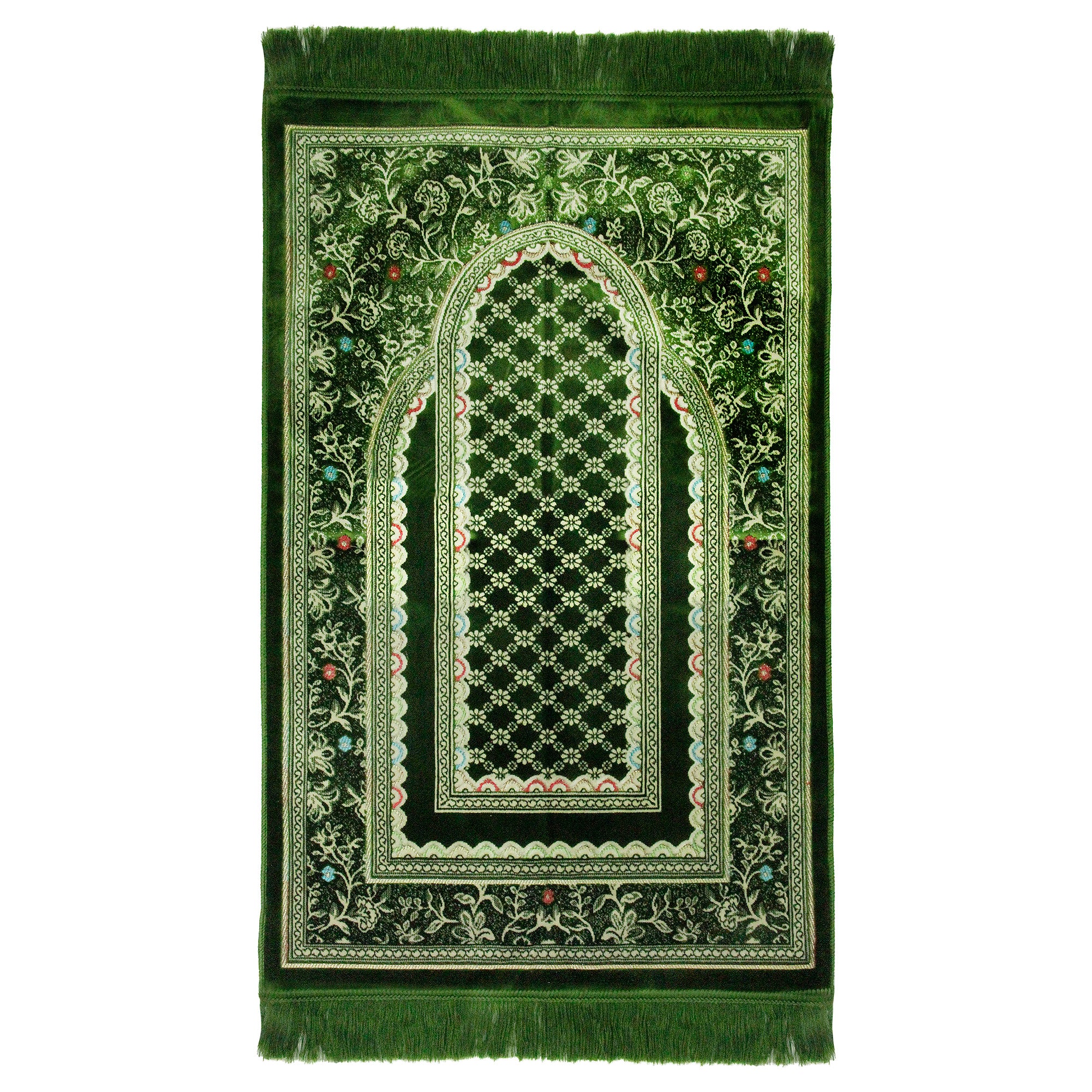 Green Intricate Archway Authenitc Turkish Prayer Rug Sajada Mat with Tassles - Hijaz
