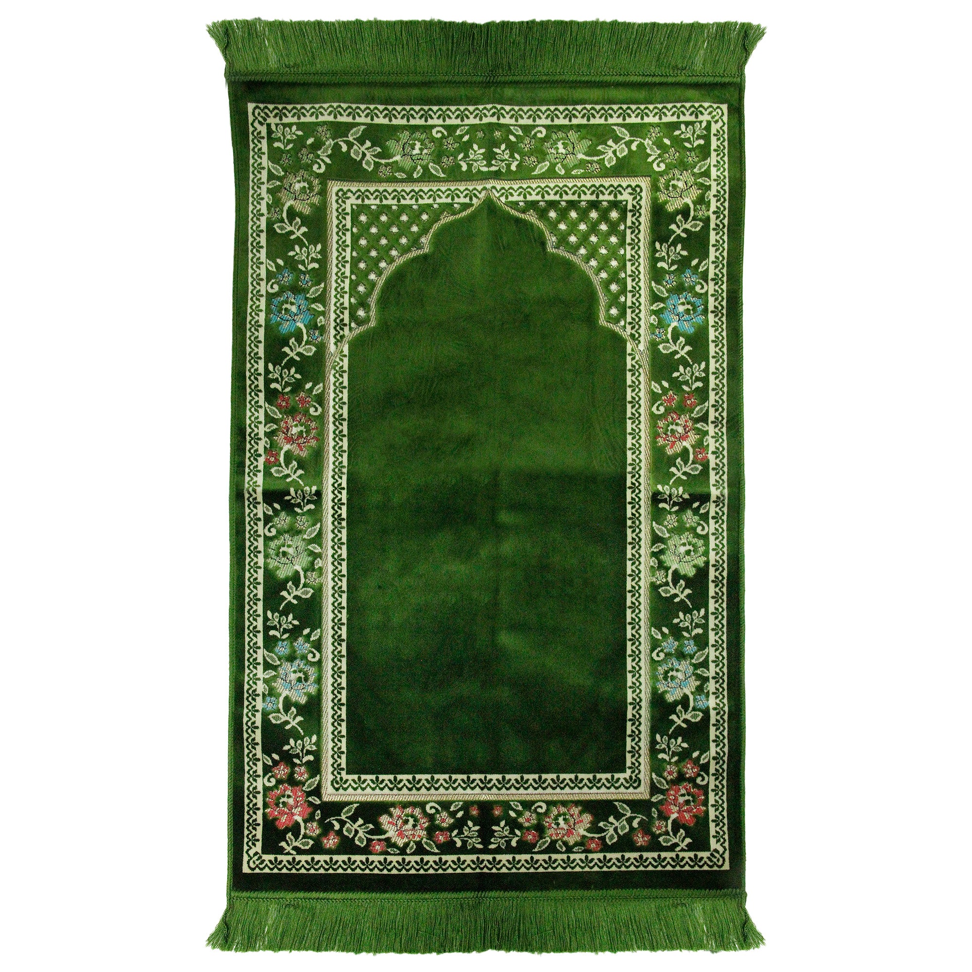 Green Multicolor Border Authenitc Turkish Prayer Rug 2.4' x 3.5' Sajada Mat with Tassles - Hijaz