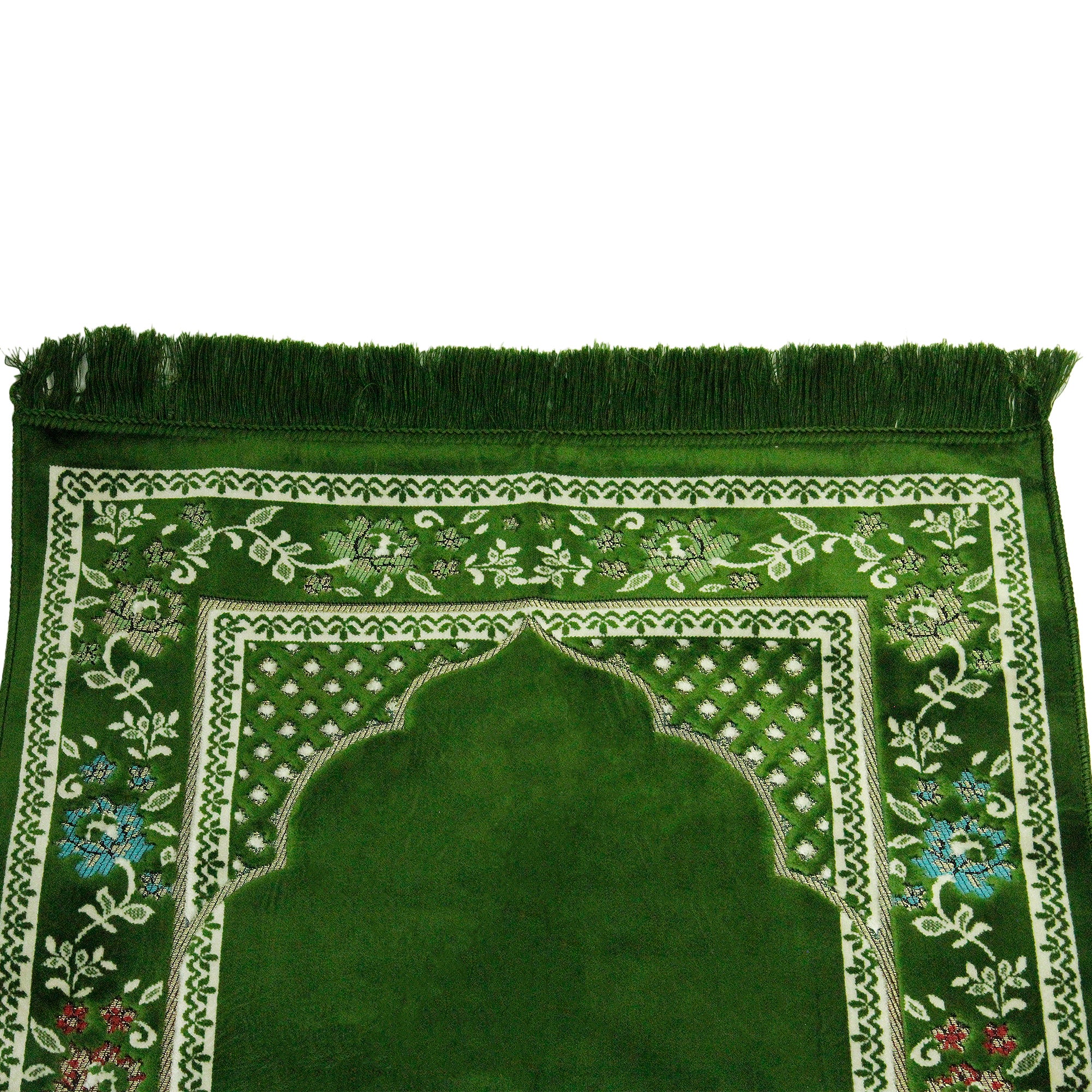 Green Multicolor Border Authenitc Turkish Prayer Rug 2.4' x 3.5' Sajada Mat with Tassles - Hijaz