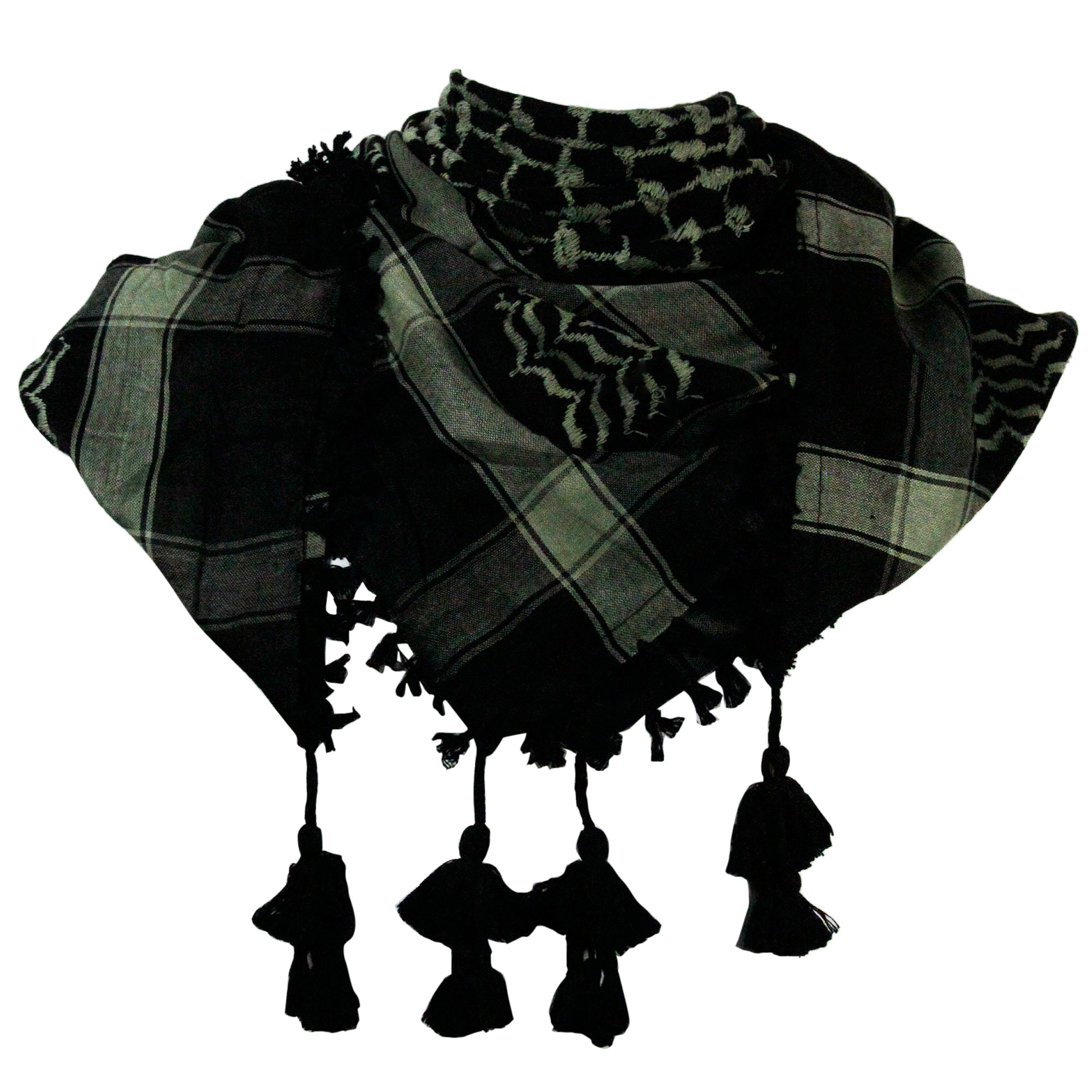 Black and Pine Green Shemagh Tactical Desert Scarf Keffiyeh with Tassles - Hijaz
