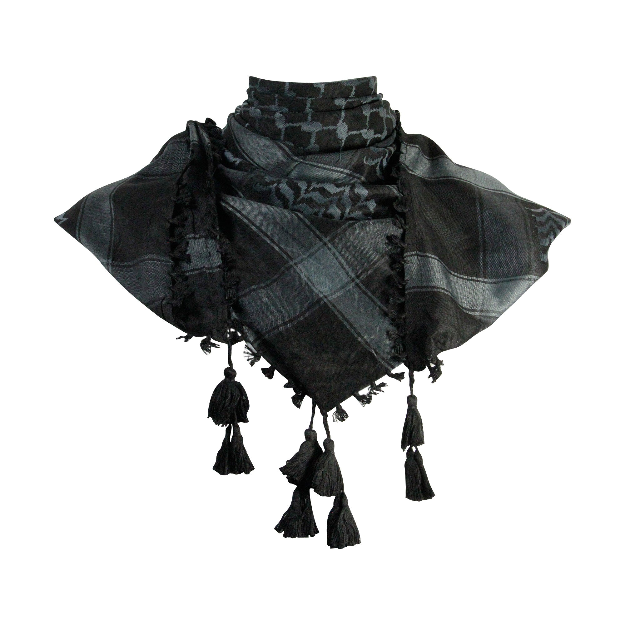 Black and Cool Gray Shemagh Tactical Desert Scarf Keffiyeh with Tassles - Hijaz