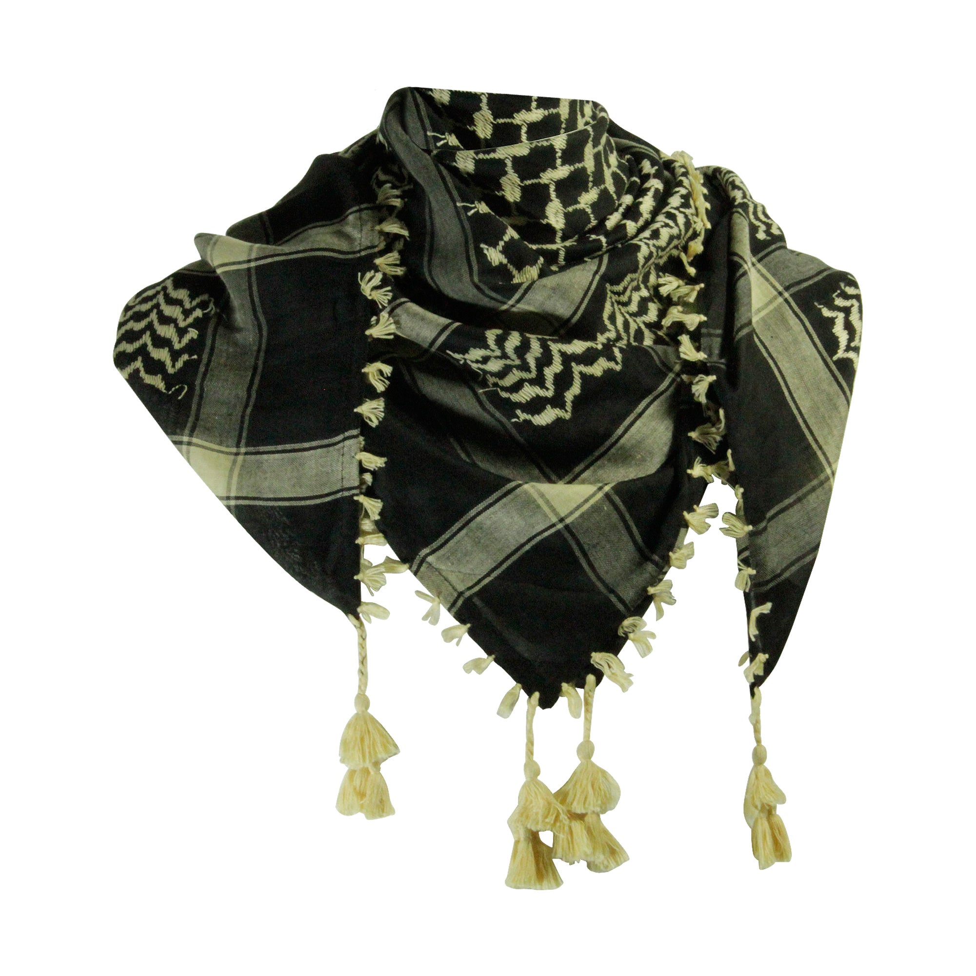 Black and Tan Shemagh Tactical Desert Scarf Keffiyeh with Tassles - Hijaz