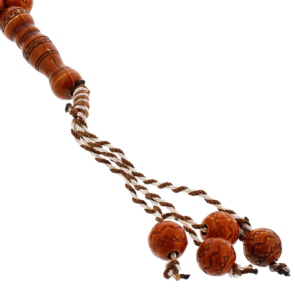 33 Count Dark Brown Rosary Prayer Bead Tasbih with Black Tribal Design - Hijaz