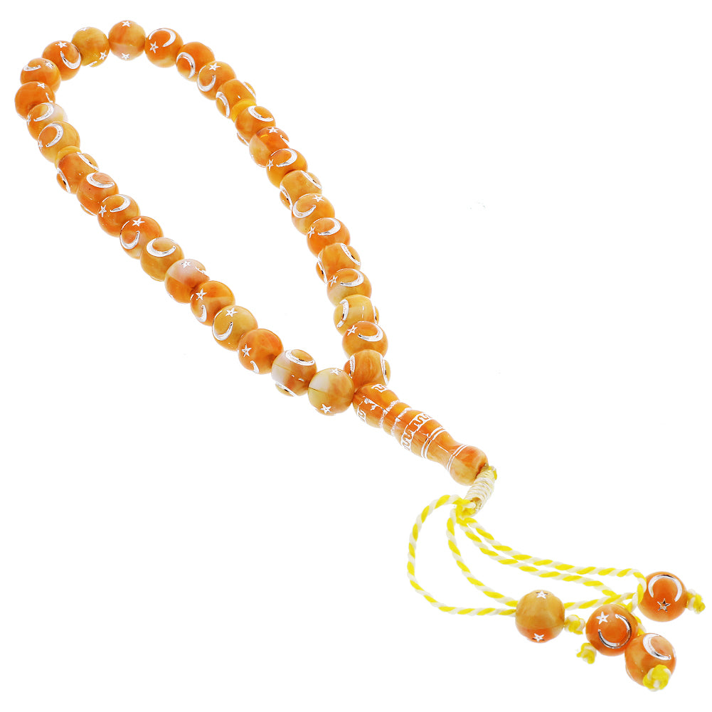 33 Count Orange and White Marbled Rosary Prayer Bead Tasbih with Star and Crescent Design - Hijaz