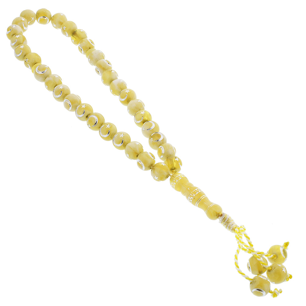 33 Count Translucent Yellow Rosary Prayer Bead Tasbih with Star and Crecent Design - Hijaz