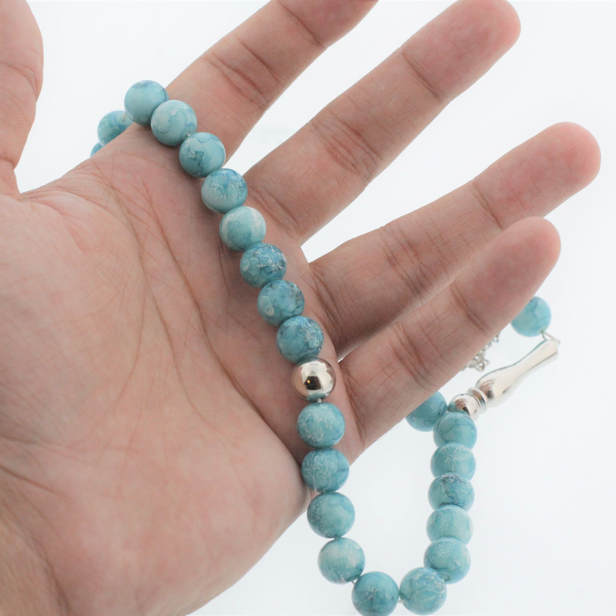 33 Turquoise Marble Glass Bead Tasbih Rosary Prayer Beads Bracelets With Metal - Hijaz