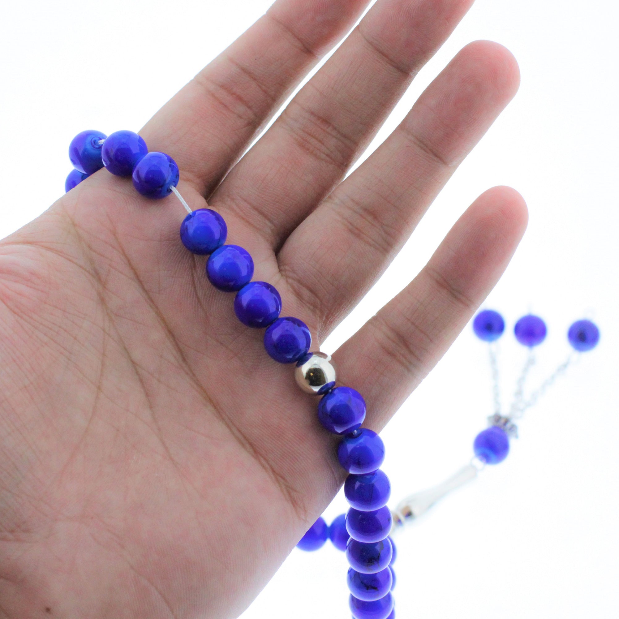 33 Royal Blue Marble Glass Bead Tasbih Rosary Prayer Beads Bracelets With Metal - Hijaz