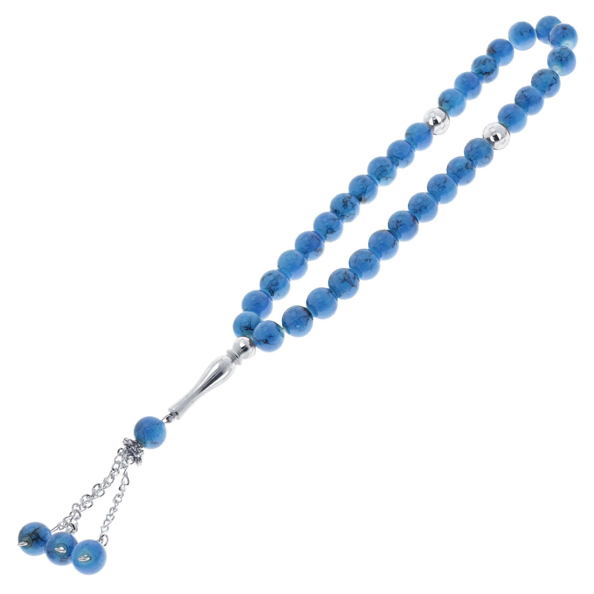 33 Blue Marble Glass Bead Tasbih Rosary Prayer Beads Bracelets With Metal - Hijaz