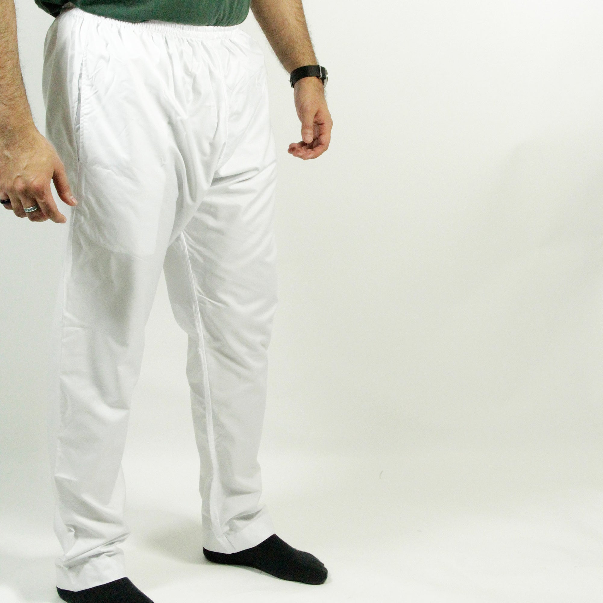 Men's Plain White Pure Cotton Thobe Kurta Pant Serwal Elastic Waist Slim Fit - Hijaz