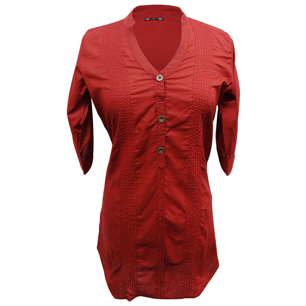 Red Women's Short Sleeve Tunic Top with Stitched Patterns - Hijaz