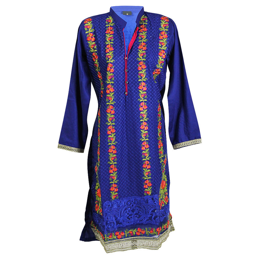 Floral Embroidered Long Sleeve Extended Kurti Tunic Top with Collar - Hijaz