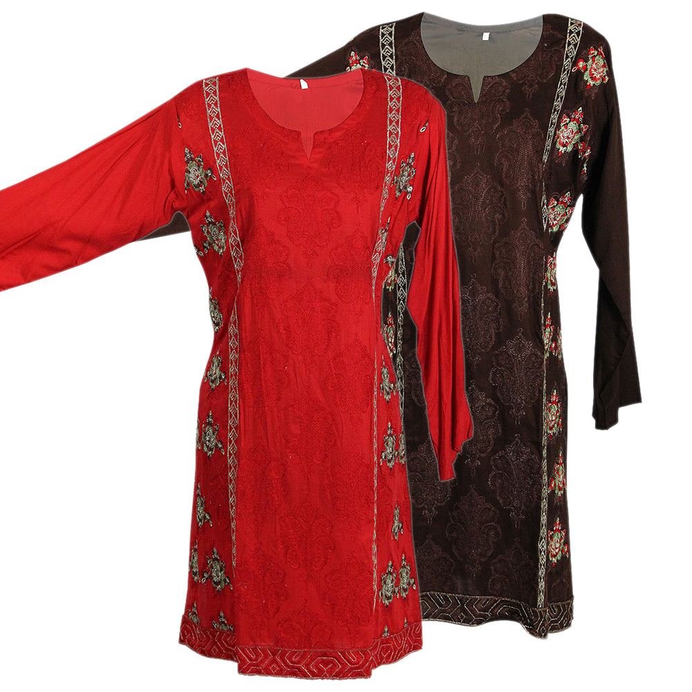 Morrocan Inspired Embroidered Long Sleeve Collarless Kurti Tunic Top - Hijaz