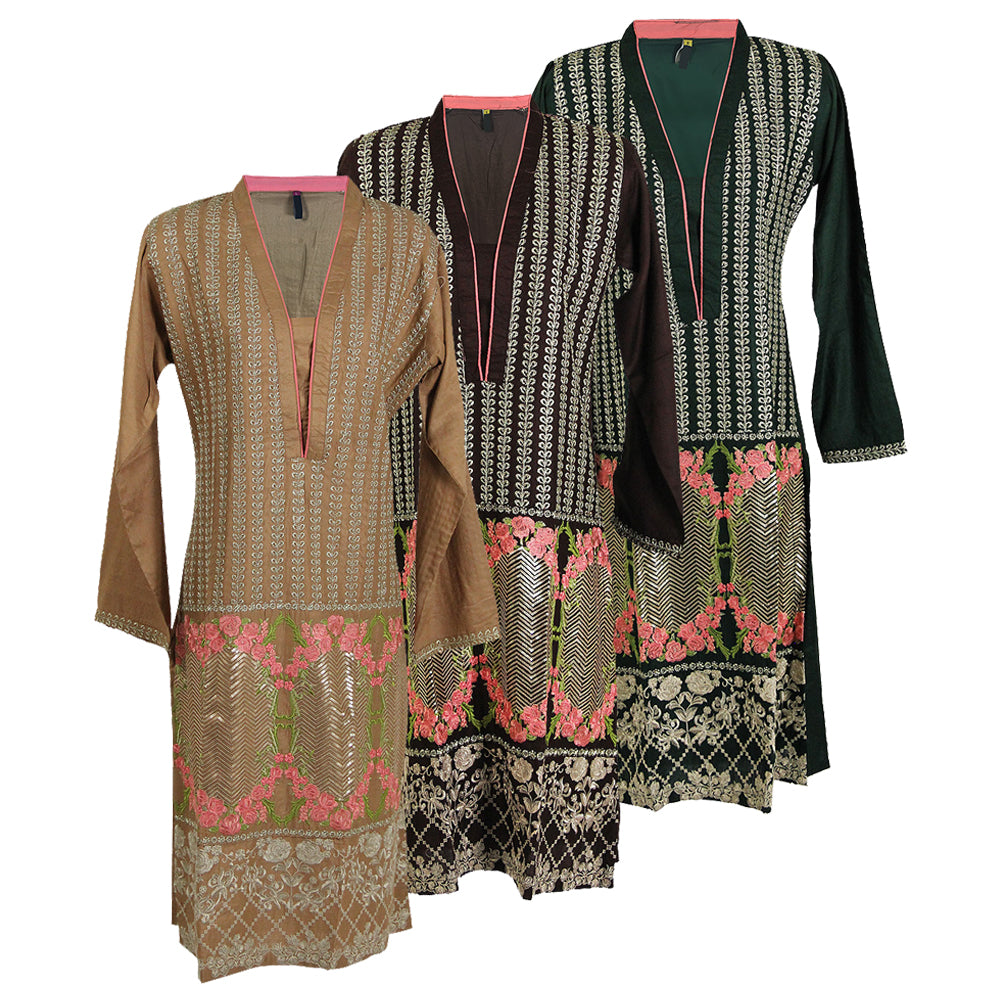 Low Cut Embroidered Long Sleeve Kurti Tunic Top with Intricate Patterns - Hijaz