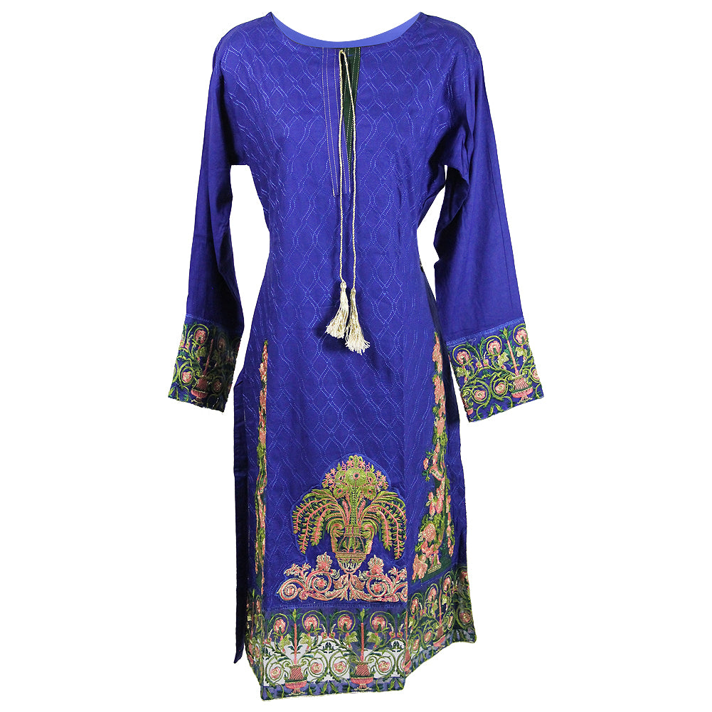 Intricately Embroidered Long Sleeve and Tail Collarless Kurti Tunic Top - Hijaz
