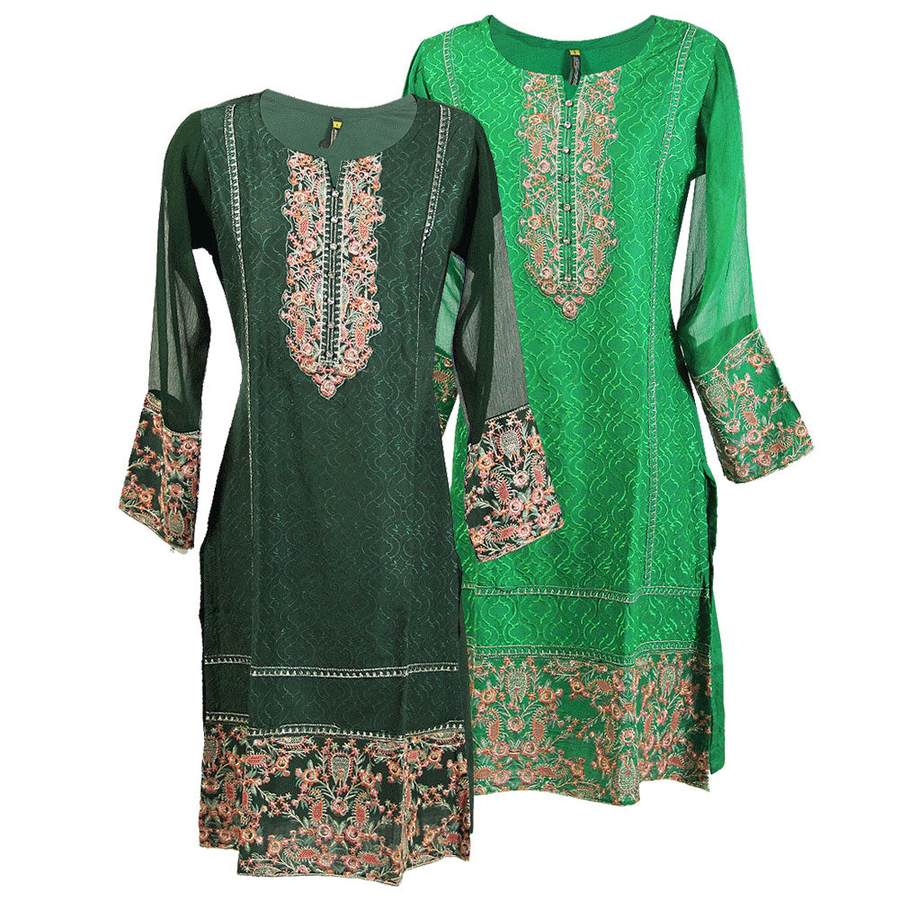Floral Crest and Sheer Long Sleeve Collarless Kurti Tunic Top - Hijaz