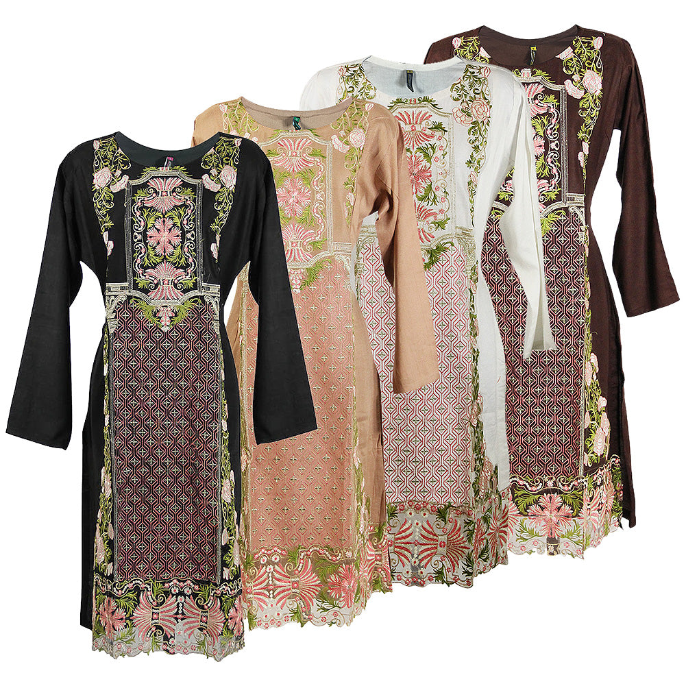 Diamond Embroidered Floral Crest Long Sleeve Collarless Kurti Tunic Top - Hijaz