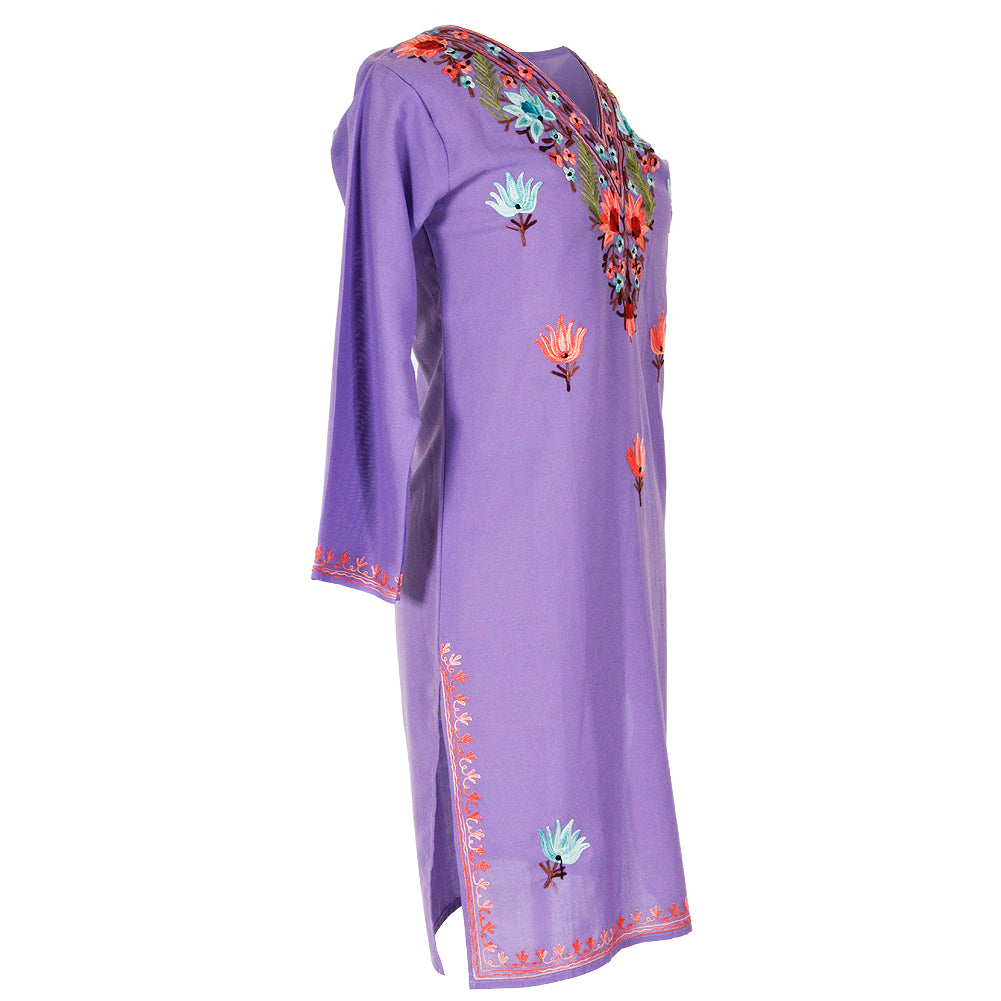 Lavender Women's Kurti Tunic Top with Floral Embroidered Neck and Borders - Hijaz