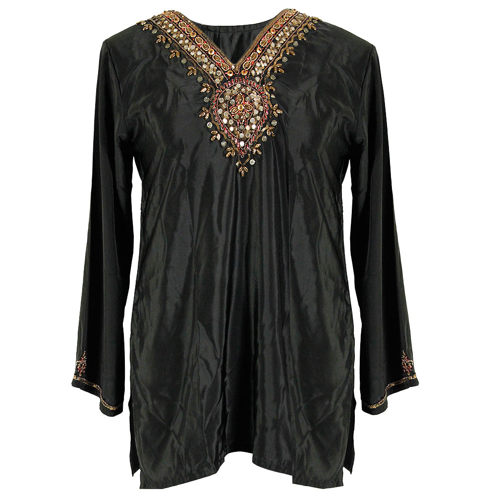 Embroidered Deep Neck Line Women's Black Blouse Kurti Top - Hijaz