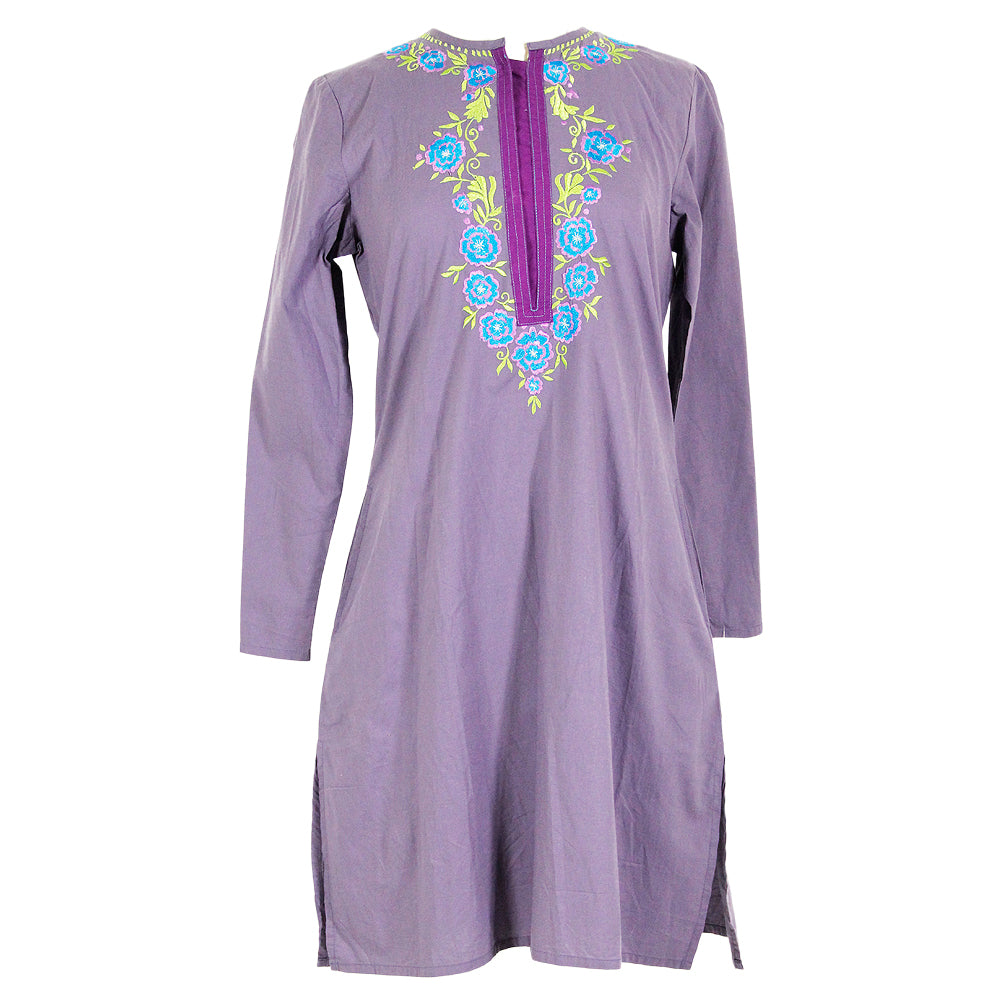 Lavender Women's Casual Kurta Blouse Top with Floral Embroidery - Hijaz