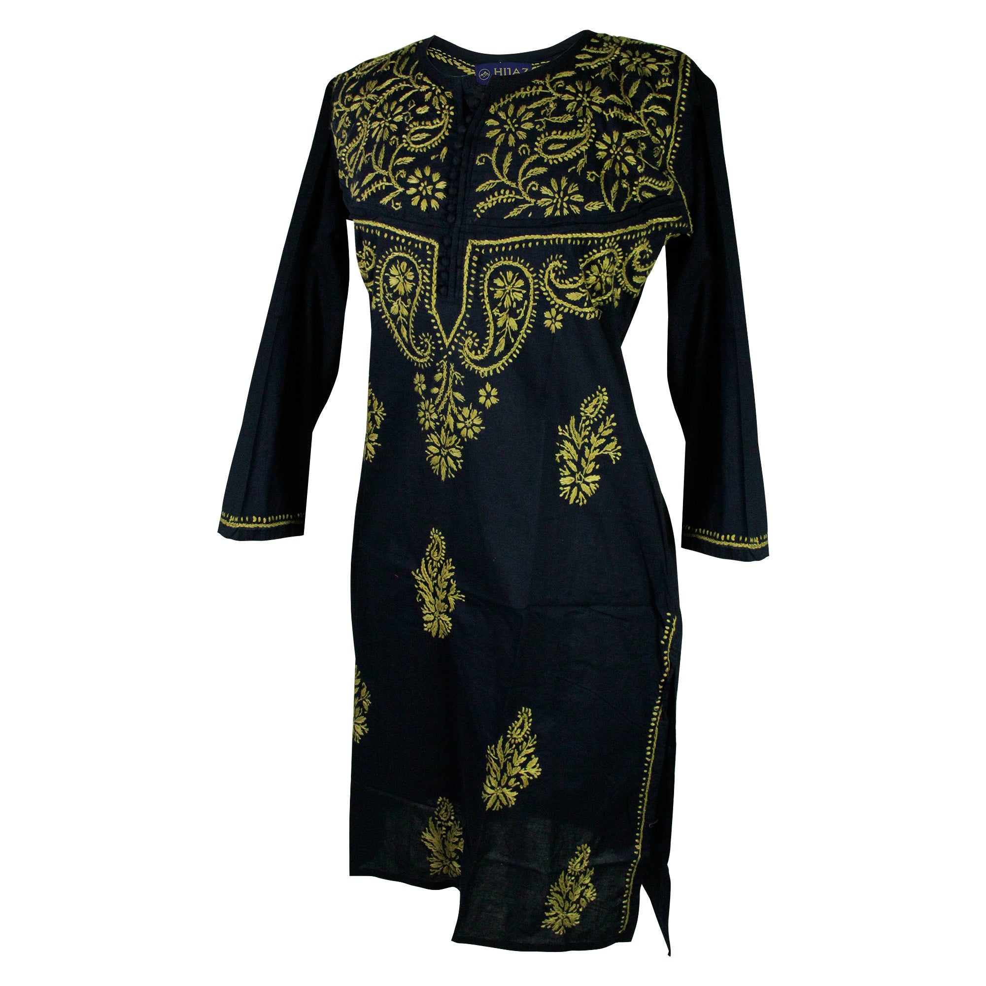 Navy Blue Women's Blouse Indian Kurti Tunic Top with Tan Hand Embroidery - Hijaz