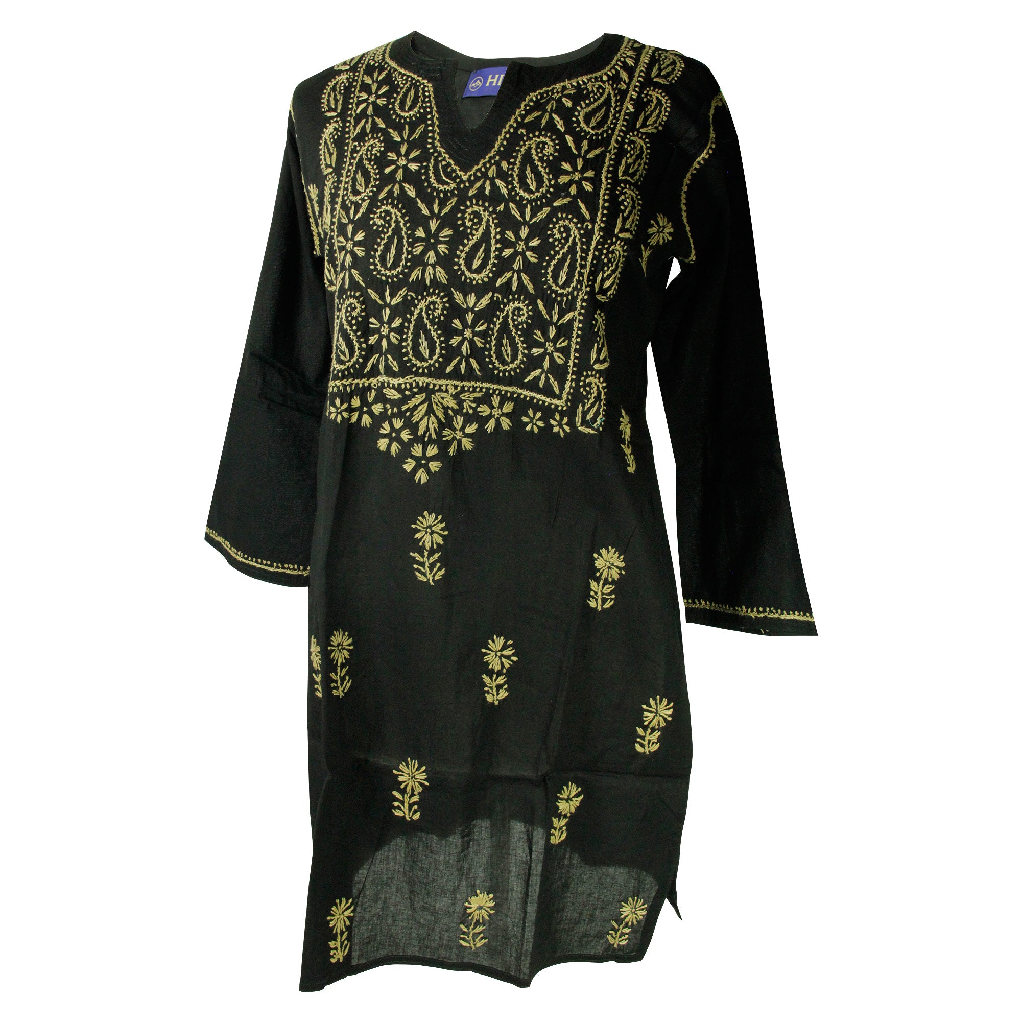 Black Women's Long Indian Kurti Tunic Top with Tan Hand Embroidery - Hijaz