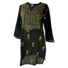 Black Women's Long Indian Kurti Tunic Top with Tan Hand Embroidery - Hijaz