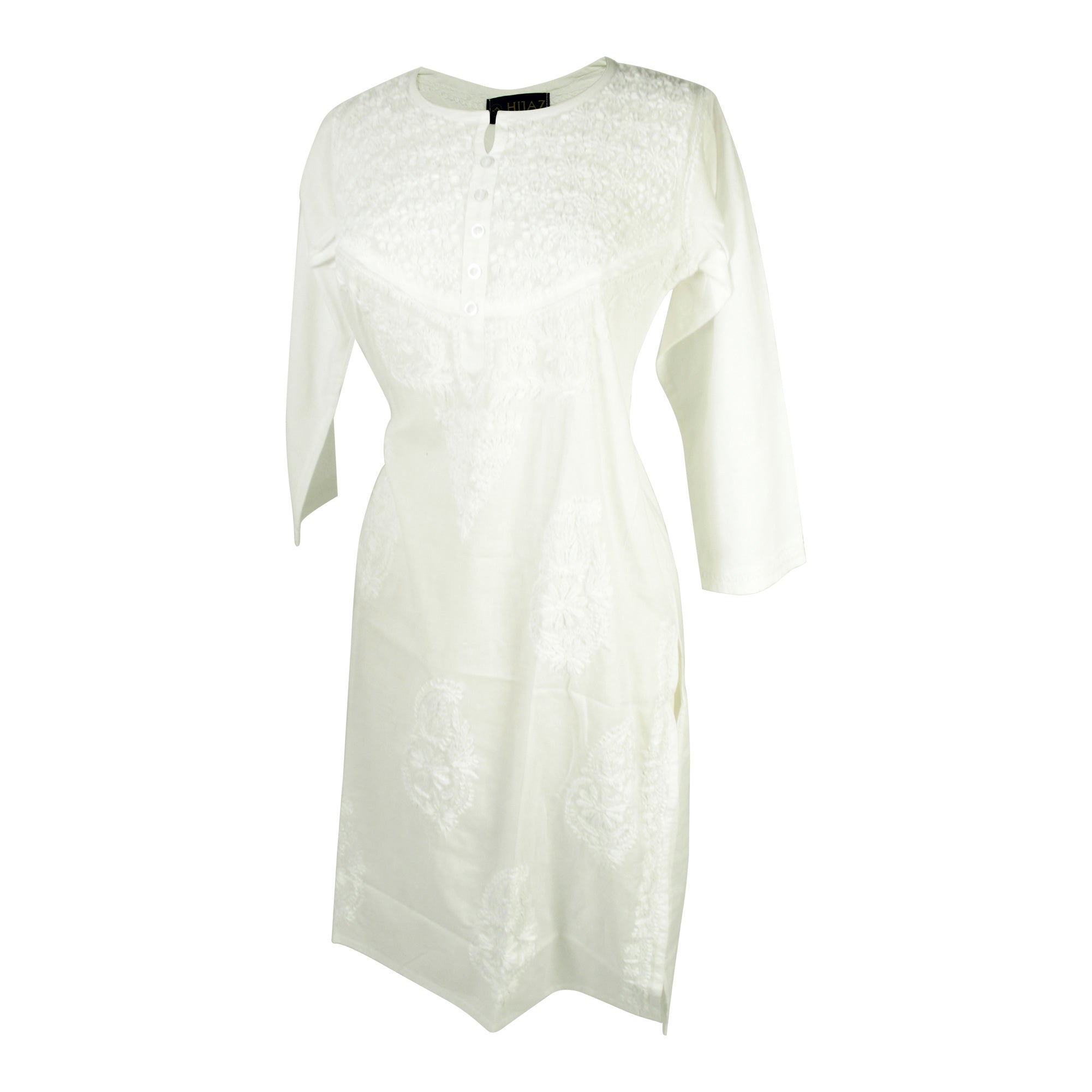 White Women's Long Indian Kurti Tunic Top with White Flower Hand Embroidery - Hijaz