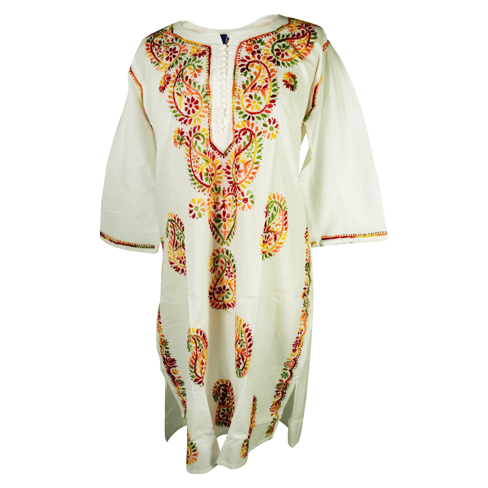 White Women's Long Indian Kurti Tunic Top Multicolor Jacquard Hand Embroidery - Hijaz