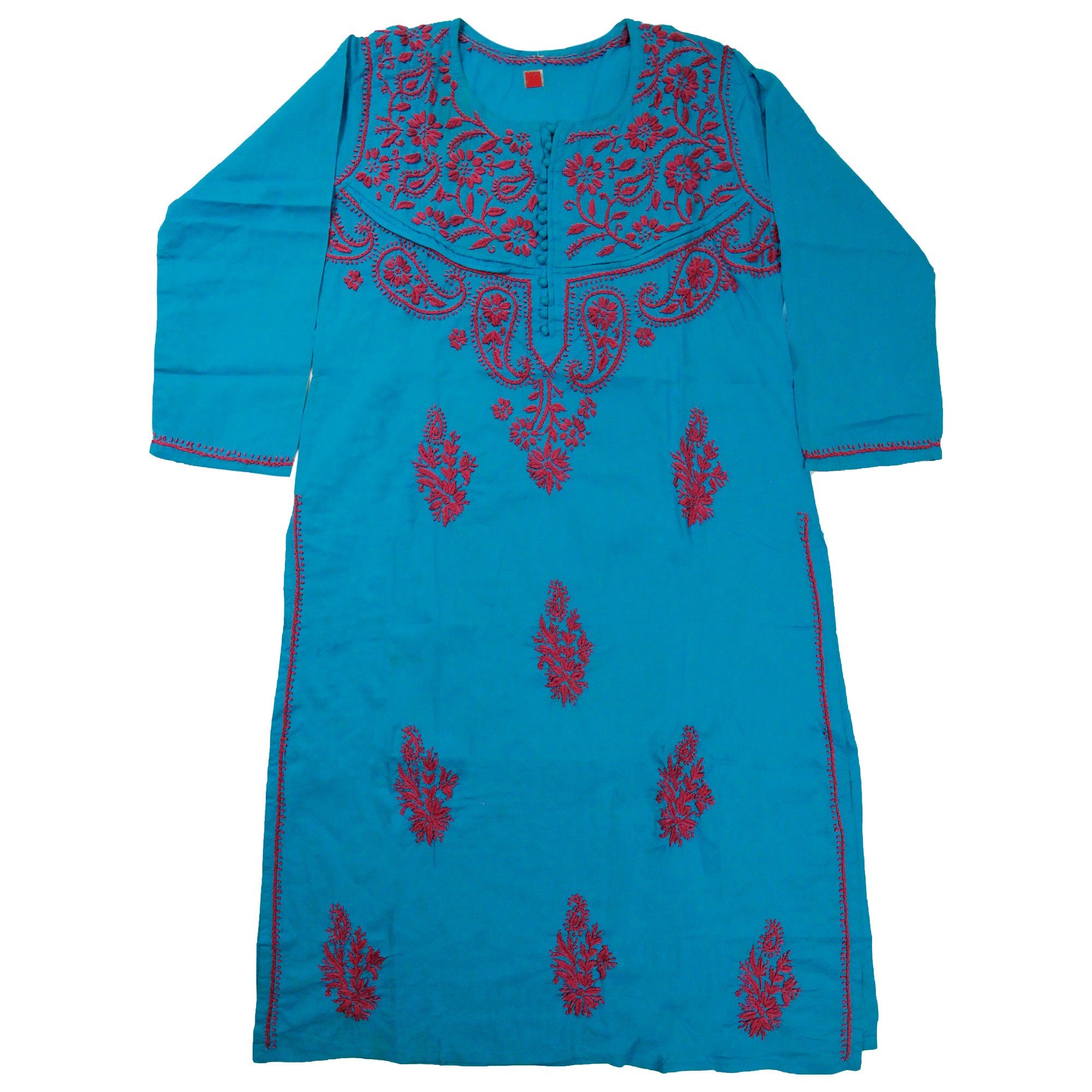 Teal Women's Kurti with Red Embroidery Beach Top - Hijaz