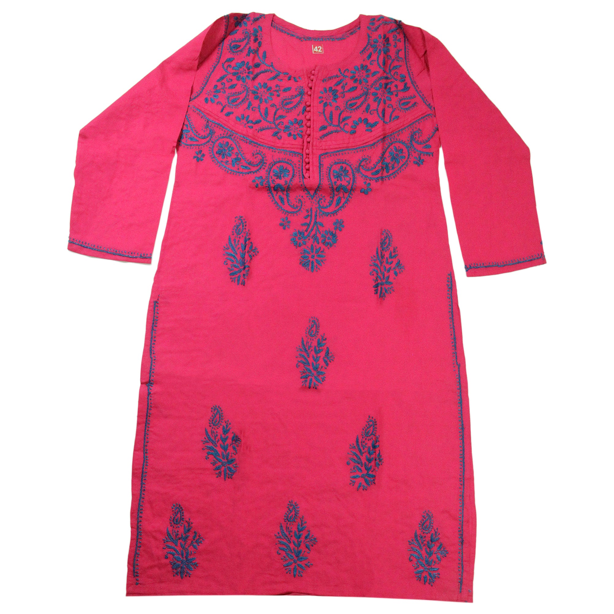 Red Women's Kurti With blue embroidery Beach Top - Hijaz